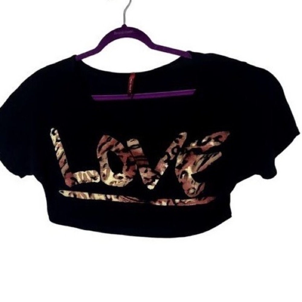 Black Crop Top with Leopard Print 'Love' Design